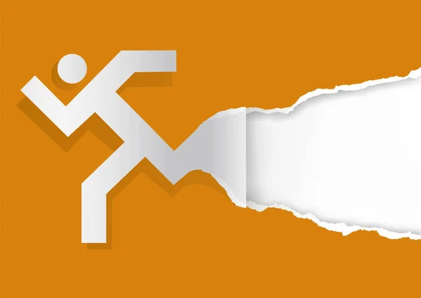 Running Man Ripping Orange Paper Background Illustration Torn Paper Background — Stock Vector