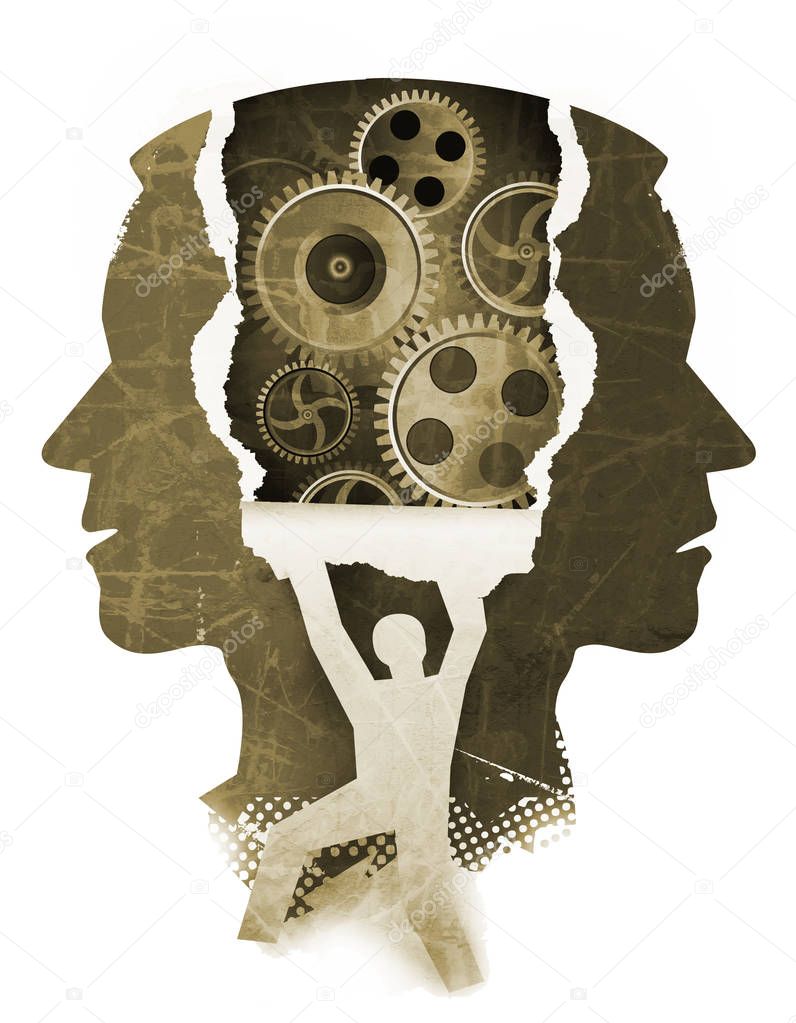 Schizophrenia psychiatric examination concept.Stylized Male head silhouettes and male silhouette ripping paper background with gear.