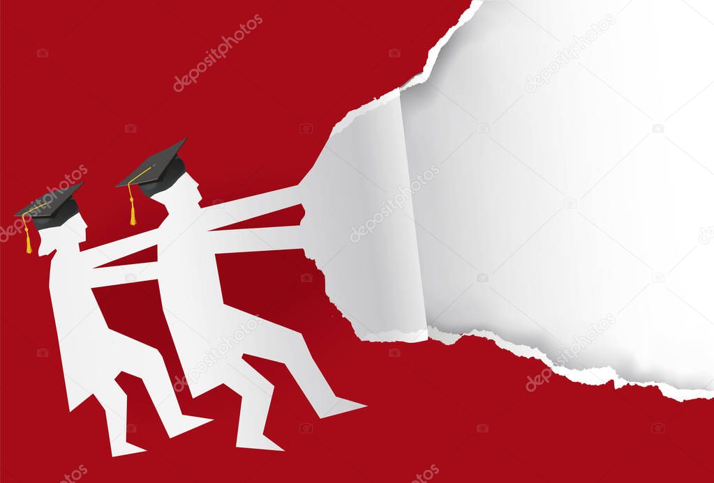 Two graduates torn red paper background. Illustration of two students paper silhouette with mortarboard ripped paper. Template for announcement of graduations. Vector available.