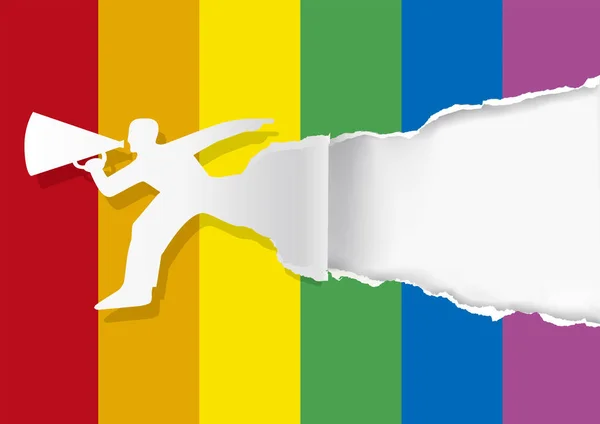 Megafonlu Gökkuşağı Renkli Kağıt Yırtılmış Adam Megafon Kağıt Gay Gurur — Stok Vektör