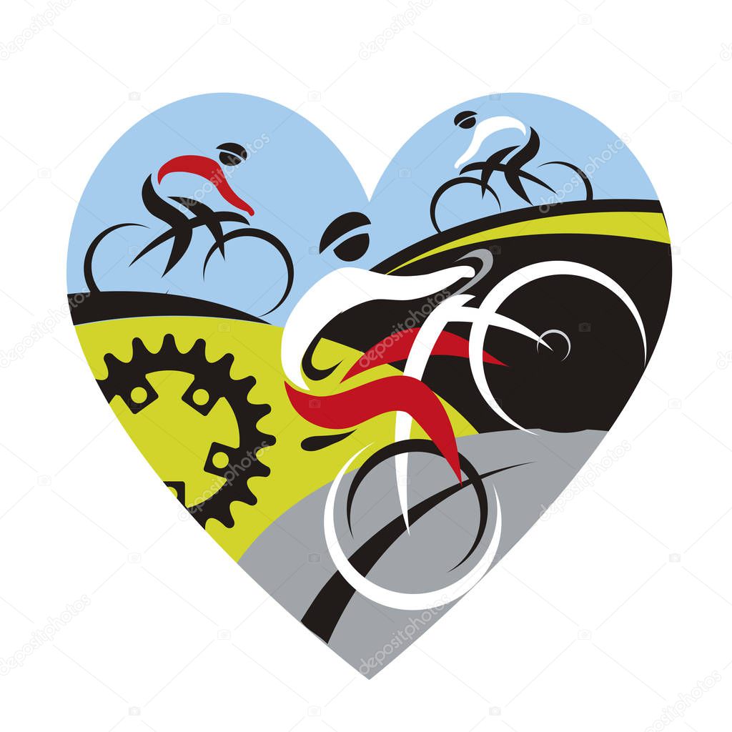 We love cycling,heart symbolIllustration of heart shape with three cyclists.Vector available.