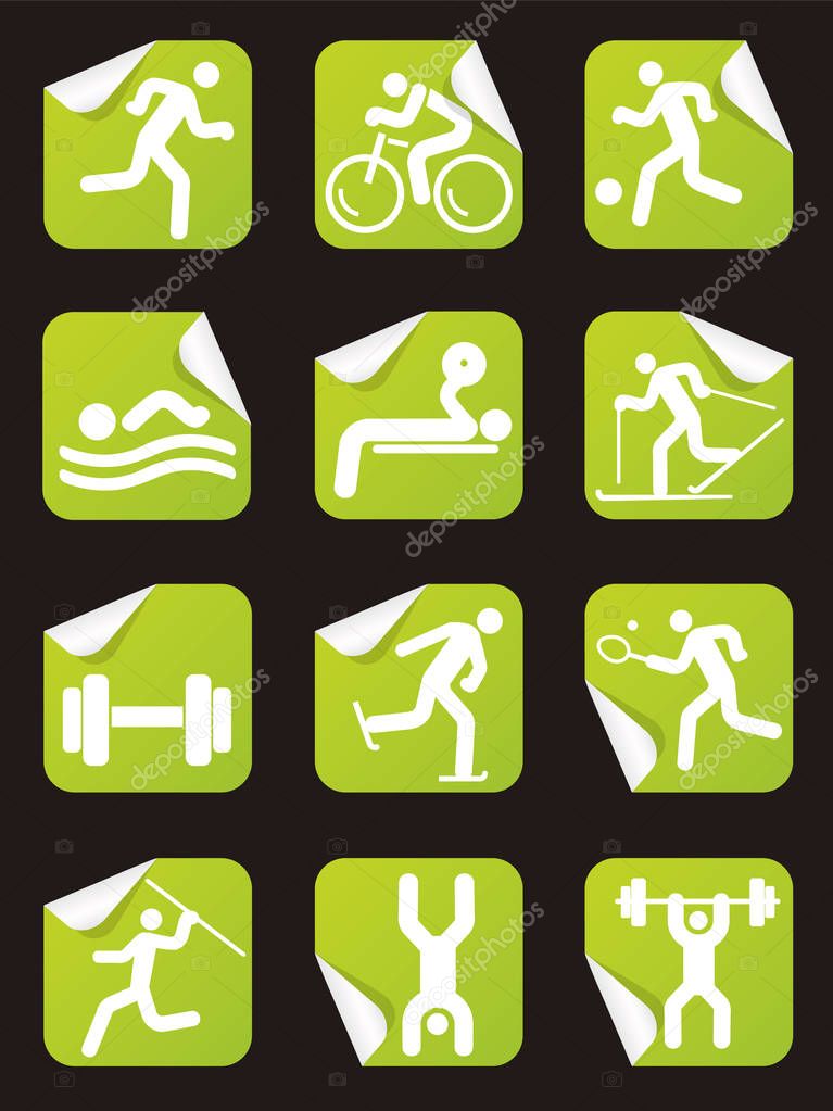 Grreen Stickers with fitness sport icons. Set of green Square Stickers on the white background with sport symbols. Vector available.
