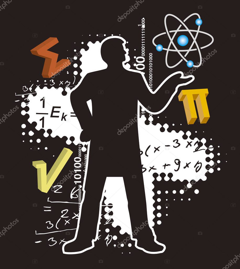 Teacher of Math and Physics. Illustration of male silhouette with mathematics and physics symbols on black background. Vector available.