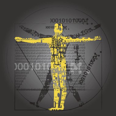 Bilgisayar çağında ki vitruvian adam. Dijital çağı sembolize edilen ikili kodlara sahip vitruvian bir adamın sarı siluetini stilize ettirmiş bir grunge. Vektör kullanılabilir.