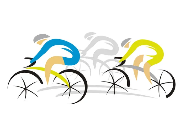 3つのスポーツロードサイクリスト 3人のレーシングサイクリストのカラフルな抽象的な様式化されたイラスト 白い背景に隔離されています 利用可能なベクトル — ストックベクタ
