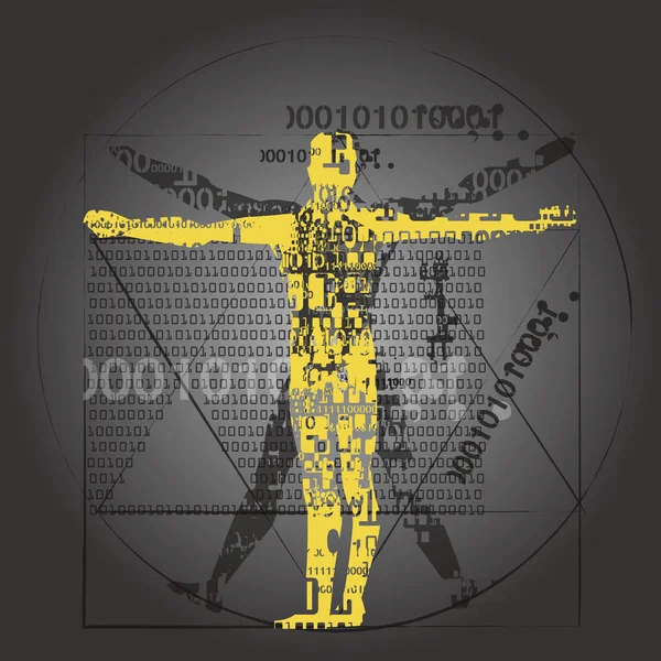 Vitruvian Man Computer Age Grunge Stylized Yellow Silhouette Vitruvian Man — Stock Vector