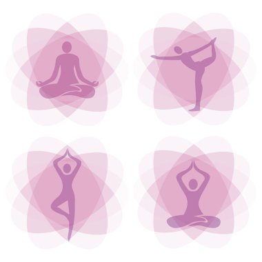 Yoga pozisyonları dekoratif arka planlar. Yoga sembolü ile dört pembe dairesel arka planlar İllüstrasyon. Vektör kullanılabilir.