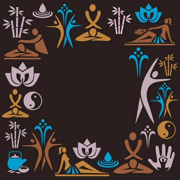 水疗按摩瑜伽装饰框架 黑色背景上的水疗图标 可用的矢量 — 图库矢量图片
