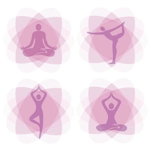 Yoga Posiciona Fondos Decorativos Ilustración Cuatro Fondos Circulares Rosas Con — Archivo Imágenes Vectoriales