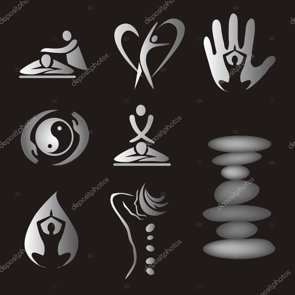 Icons  yoga spa massage. Set of grey icons on black background. Vector available.