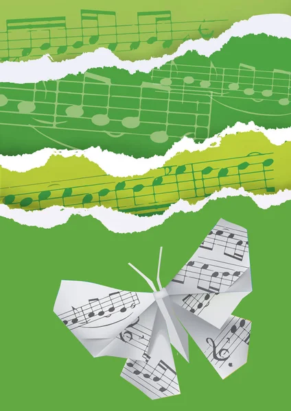 Орігамі Метелик Зеленому Фоні Музичними Нотами Ілюстрація Зеленого Рваного Паперового — стоковий вектор