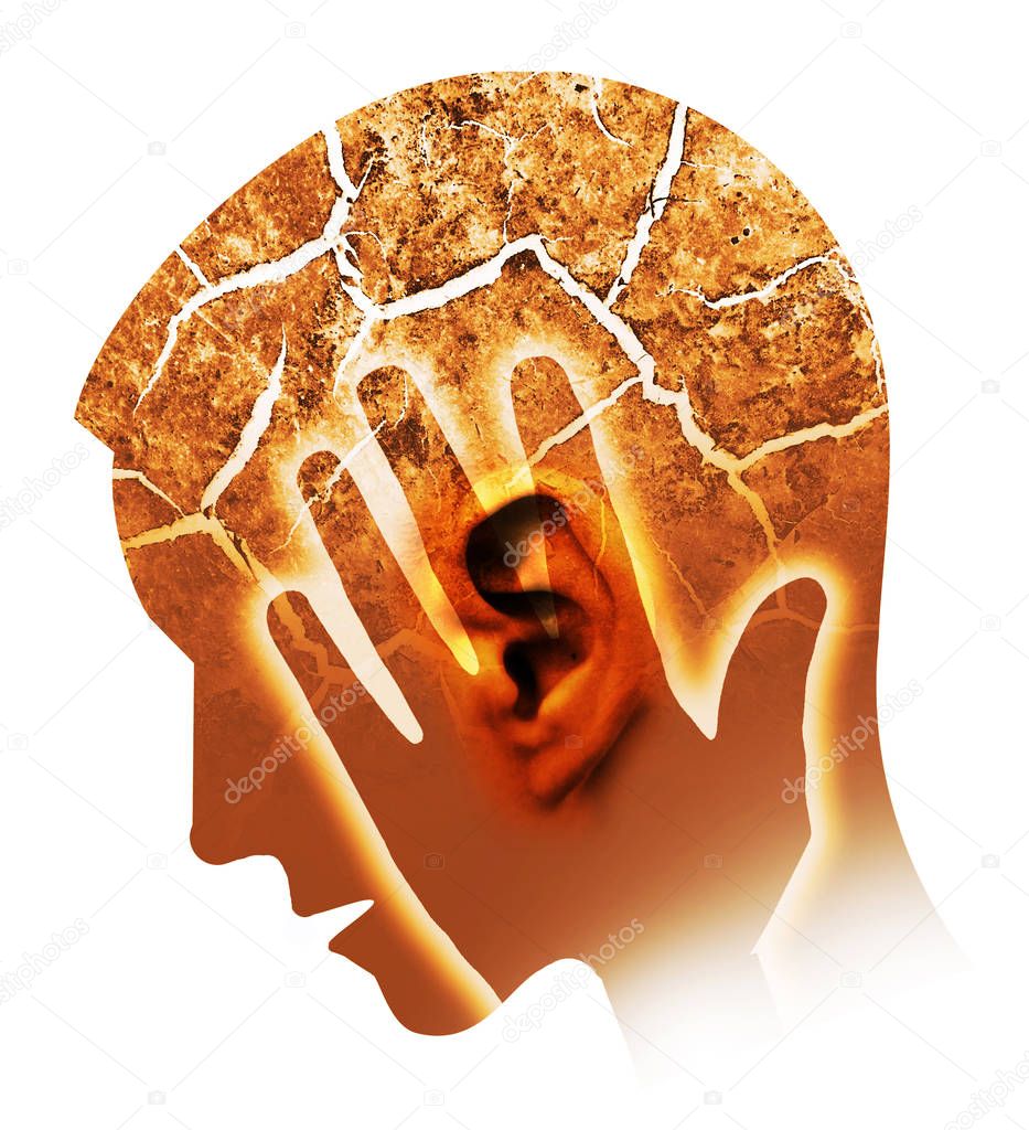 Man with cracked ear and head, symbolizing tinnitus and ear problems.Male head stylized profile. Photomontage with dry cracked earth. Concept symbolizing tinnitus, depression.Isolated on white background.