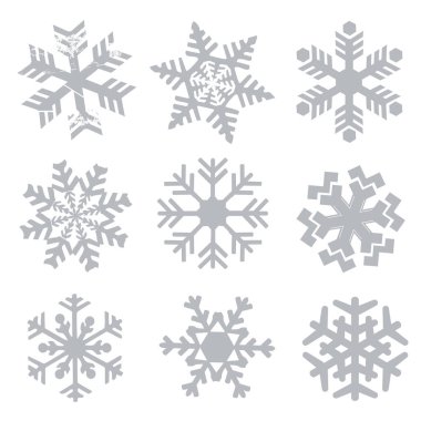 Noel dekoratif kar taneleri. Dokuz gri dekoratif kar taneleri seti. Beyaz arka planda izole edilmiştir. Vector kullanılabilir.