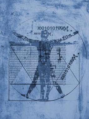 Dijital çağın vitruvian adamı. Kahverengi grunge mavi arka plan üzerinde ikili kodları ile vitruvian adam Fütüristik İllüstrasyon.