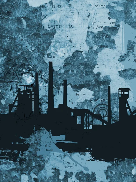 Steel Works Silhouet Grunge Blauwe Achtergrond Illustratie Van Staalfabrieken Zwart — Stockfoto