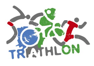 Triatlon yarışçıları ve işareti triatlon. Beyaz arka plan üzerinde yazıt triatlon ile üç grunge anlamlı stilize triatlon sporcular. Vektör kullanılabilir.
