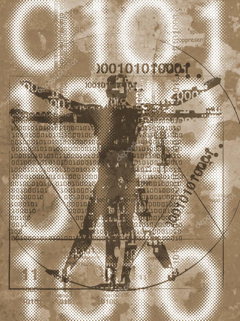 Vitruvian man with binary code.Futuristic Illustration of vitruvian man with a binary codes on brown grunge background.