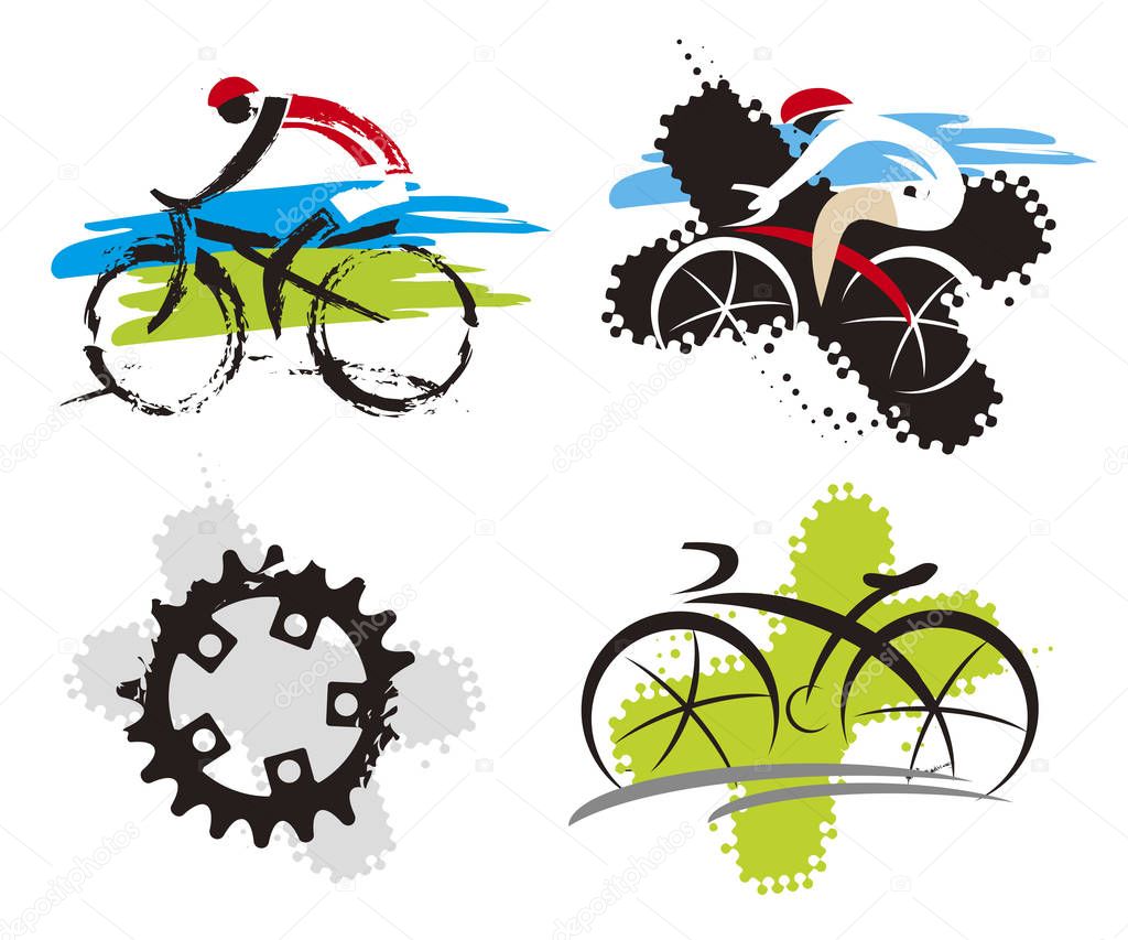 Cyclling icons grunge stylized.Set of expressive stylized cycling icons. Isolated on white background. Vector available.