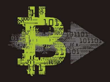 Bitcoin dijital para birimi işareti ikili kodları ve ok işareti ile. Grunge yeşil bitcoin işareti ile illüstrasyon stilize. Siyah arka planda izole edilmiş. Vektör kullanılabilir.