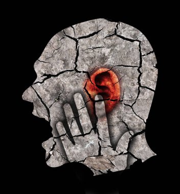 Kulak ve kafası çatlamış, kulak çınlaması ve kulak problemlerini sembolize eden bir adam. Erkek kafa stilize profili. Kuru çatlak toprak ile Fotomontaj. Tinnitus, depresyon u simgeleyen kavram.