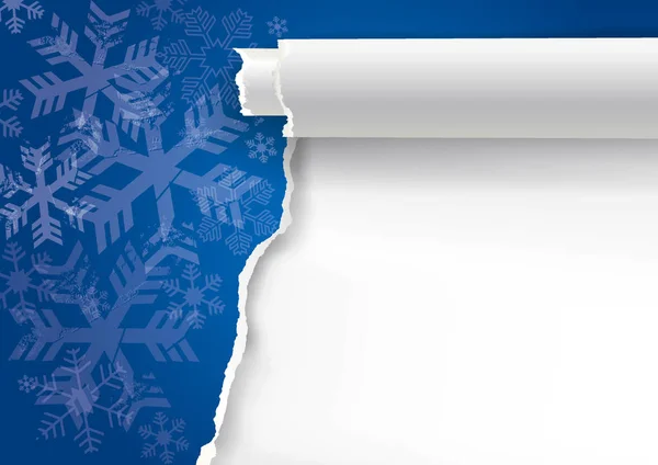 Modrý Vánoční Podklad Trhaný Papírem Obrázek Roztrhaných Papírů Sněhovými Vločkami — Stockový vektor
