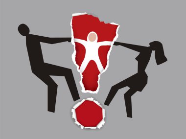 Boşanmış bir çift, bir bebeğin üzerine ineklik. Gri arka plan ve yırtık kağıt kırmızı ünlem işareti çocuk ile Çift İllüstrasyon. Vektör kullanılabilir.