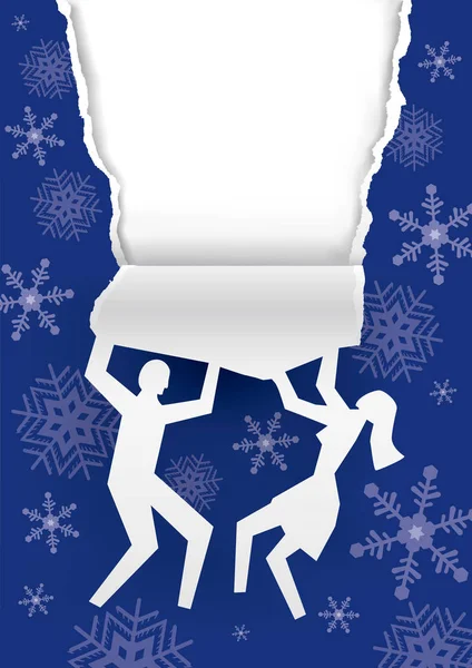 Coppia Strappando Carta Regalo Natale Sfondo Biglietto Auguro Carta Silhouette — Vettoriale Stock