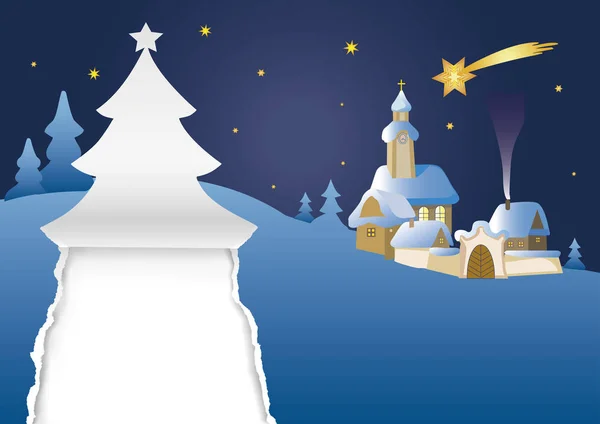 Christmas Night Village Landscape Greeting Card Template Illustration Silent Christmas — Stock Vector