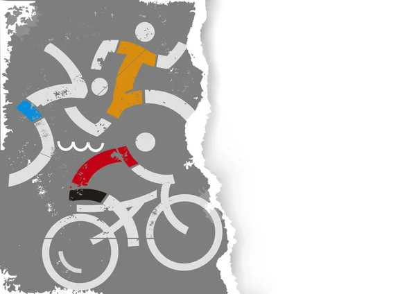 Icônes Course Triathlon Sur Fond Papier Déchiré Stylisé Grunge Illustration — Image vectorielle