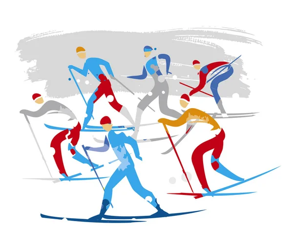 北欧滑雪比赛 越野滑雪者 越野滑雪选手的富有表现力的程式化绘图 可用的矢量 — 图库矢量图片