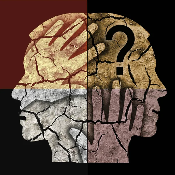 Schizophrenia, male head silhouettes.  Man with two faces holding his head.Photo-montage with Dry cracked earth symbolizing schizophrenia Depression, Headache.
