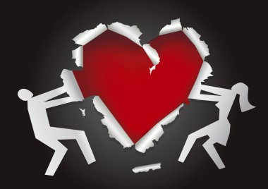 Boşanmış bir çift, kalp şeklinde kağıt delik. Erkek ve kadın siluetleri ile yırtık kağıt ve yırtık kalp sembolü ilişki krizi sembolize. Vektör kullanılabilir.