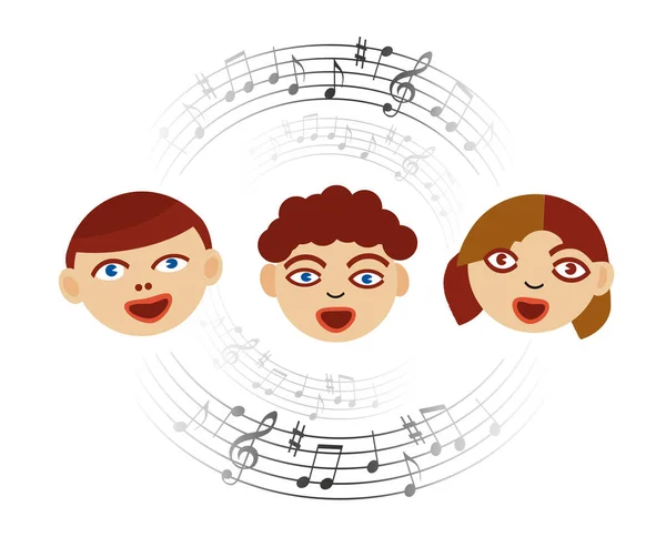 Tres Niños Cantando Con Notas Musicales Ilustración Estilizada Del Coro — Vector de stock