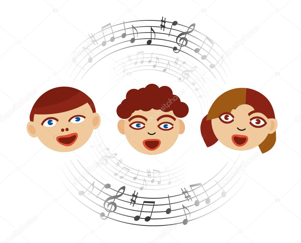 Three Singing children with musical notes. Stylized Illustration of Children's Choir with circle of musical notes. Isolated on white background. Vector available.