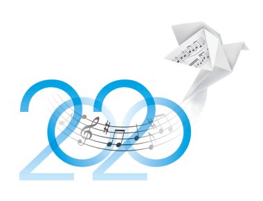 Müzikal Yıl 2020 ve notalar. Dalgalı notalarla birlikte 2020 yazıtları. Kullanılabilir vektör.