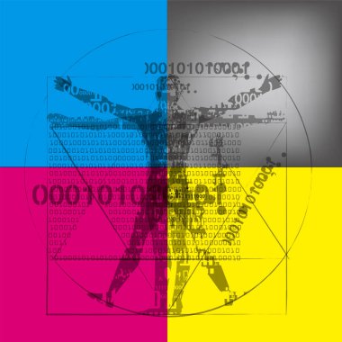 CMYK renklerinde ikili kodları olan Vitruvialı bir adam. İkili kodları olan Vitruvialı bir adamın gelecekteki dışavurumcu tasviri dijital çağı sembolize ediyor. Konsept grafik tasarım ve renk yazdırma. Vektör kullanılabilir.