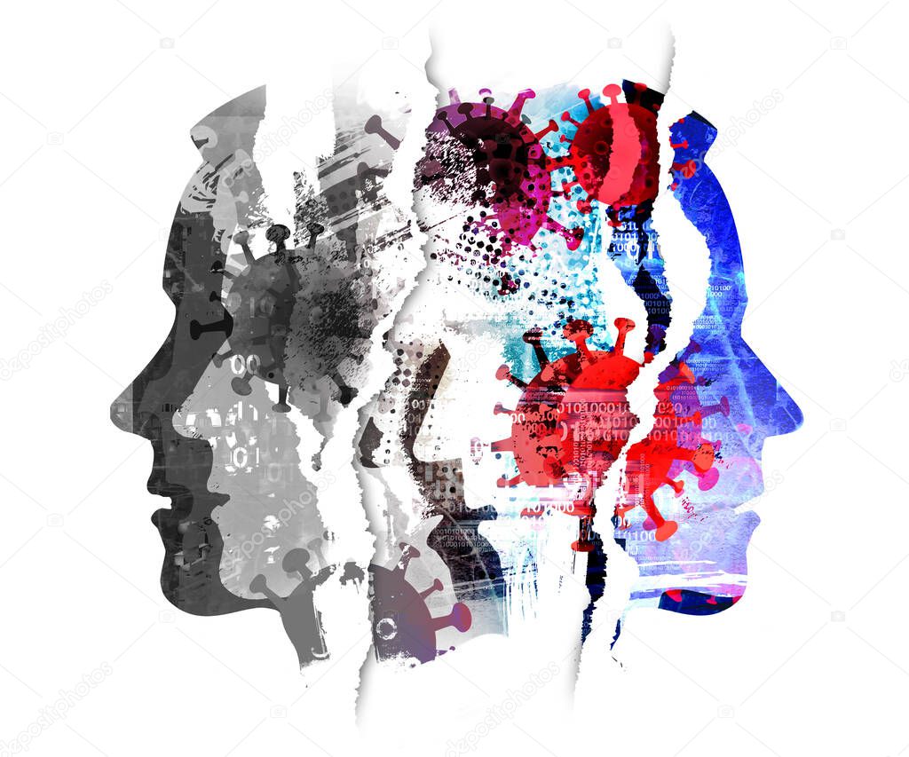 Pandemic of coronavirus, human tragedy. Sick people, grunge expressive composition of stylized silhouettes shown in profile. Imitation of watercolor painting symbolizing pandemic COVID 19