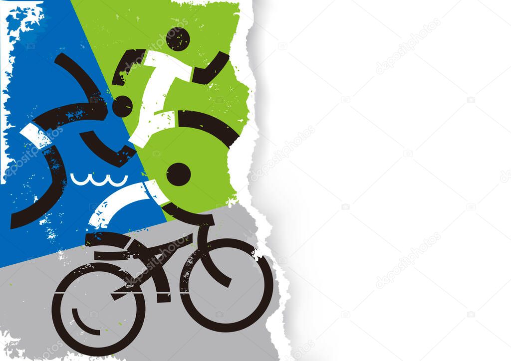 Triathlon racers icons on grunge stylized torn paper background. Illustration of Three triathlon athletes. Vector available. Place for your text or image. Vector available.
