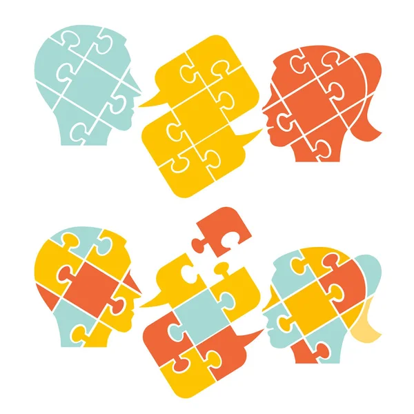 Couple Psychologie Compréhension Dialogue Concept Puzzle Deux Silhouettes Tête Stylisées — Image vectorielle