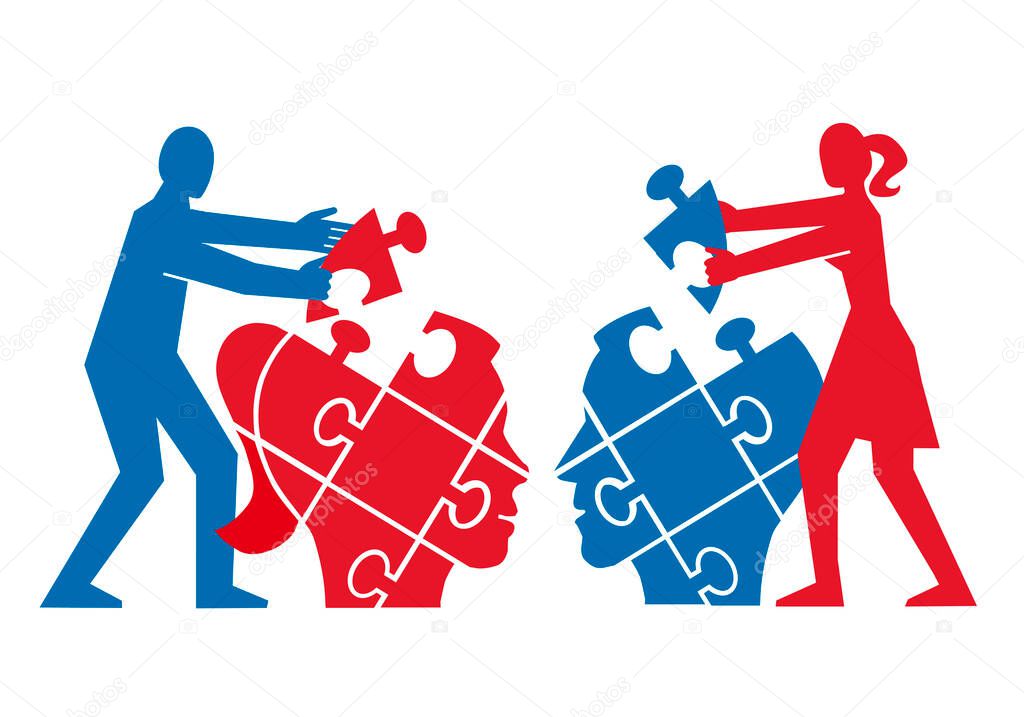 Couple,Mutual understanding and dialog, puzzle concept.Illustration of couple assembling a puzzle of partner's head. Psychology of relationship concept.Vector available.