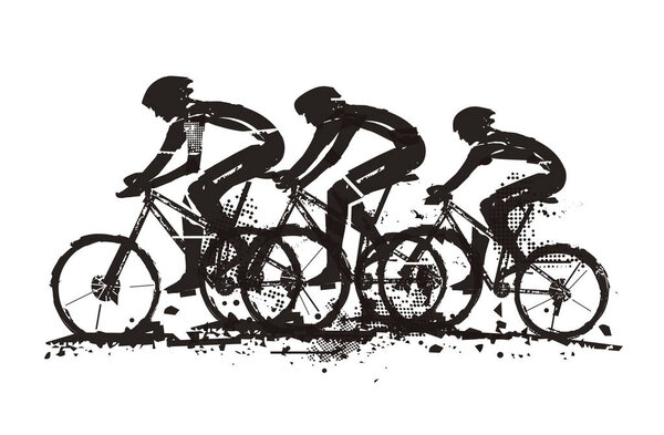 Горные байкеры на полной скорости. Экспрессивная гранж стилизованная черная иллюстрация трёх велосипедистов на горном велосипеде. Вектор доступен
.