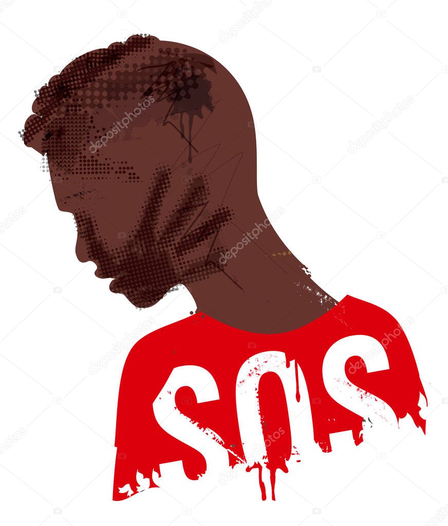 Desperate Black man, Victim of violence and racism. Illustration of Stylized Young man grunge silhouette with hand print on the face and SOS inscription. Vector available.