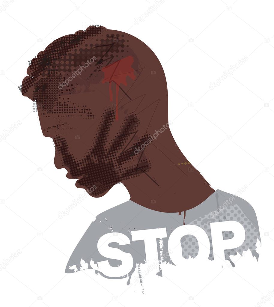 Desperate Black young man, Victim of violence and racism. Illustration of Stylized man grunge silhouette with hand print on the face and STOP inscription. The illustration does not contain real people. Vector availabl