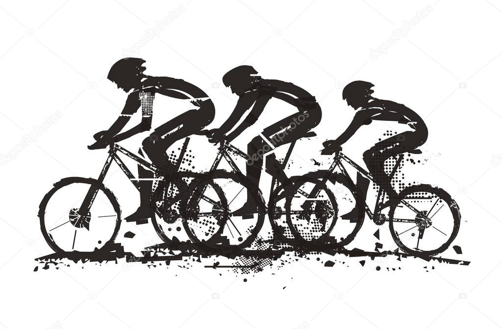 Mountain bikers in full speed. Expressive grunge stylized  black illustration of three cyclists on mountain bike. Vector available.