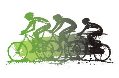 Dağ motorcuları, rekabet. Dağ bisikletine binen üç bisikletçinin etkileyici grunge stili çizimi. Kullanılabilir vektör.