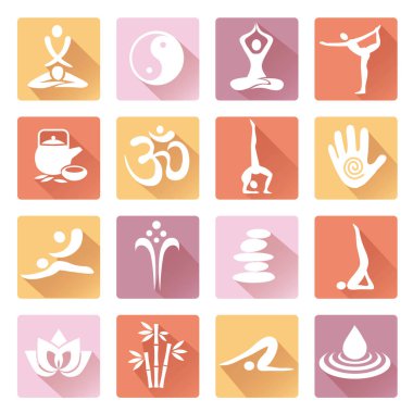Uzun gölgeli spa yoga masajı ikonları. Sağlıklı yaşam sembolleri olan renkli web simgeleri. Beyaz arka planda izole edilmiş. Kullanılabilir vektör.