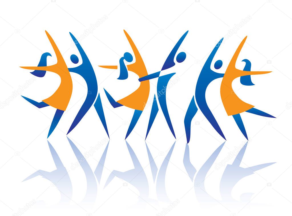 Three Dancing couples, symbols.Stylized Illustration of three dancing couples with shadow.Isolated on white background.  Vector available.