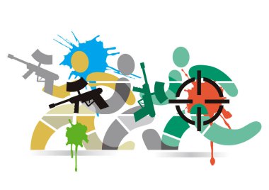 Paintball oyuncuları. Koşan paintball oyuncularının stilize edilmiş çizimi. Mevcut vektör.