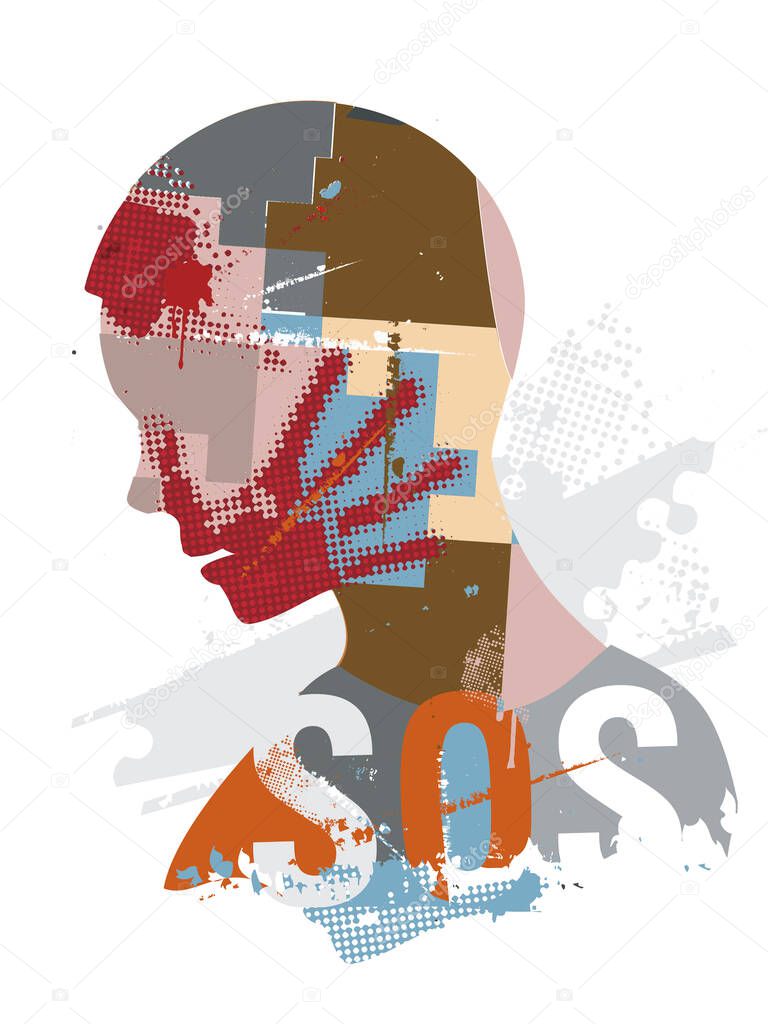 SOS Violence, suffering, desperate man. Human head stylized silhouette with hand print on the face symbolizing violence in the world. Vector available.