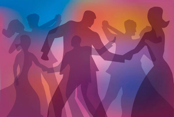 Gesellschaftstanz Tanzparty Mit Buntem Hintergrund Farbenfroher Hintergrund Mit Silhouetten Tanzender — Stockvektor